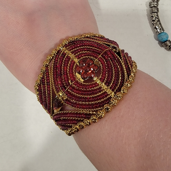 Beaded Hinged Cuff Bracelet, Gold Tone and Red Beads - Picture 2 of 11